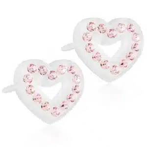 Örhängen utvecklade i samråd med hudläkare, i ren medicinsk plast med Swarovski-kristaller. Diameter 10 mm. färg Light Rose